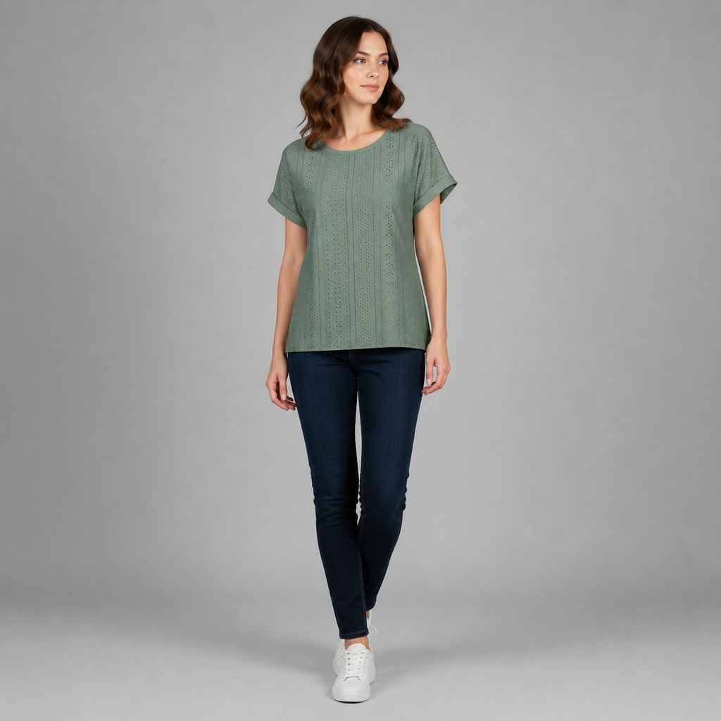 Bella Freizeitshirt | Lochstickerei Baumwoll-Top mit Ärmeln