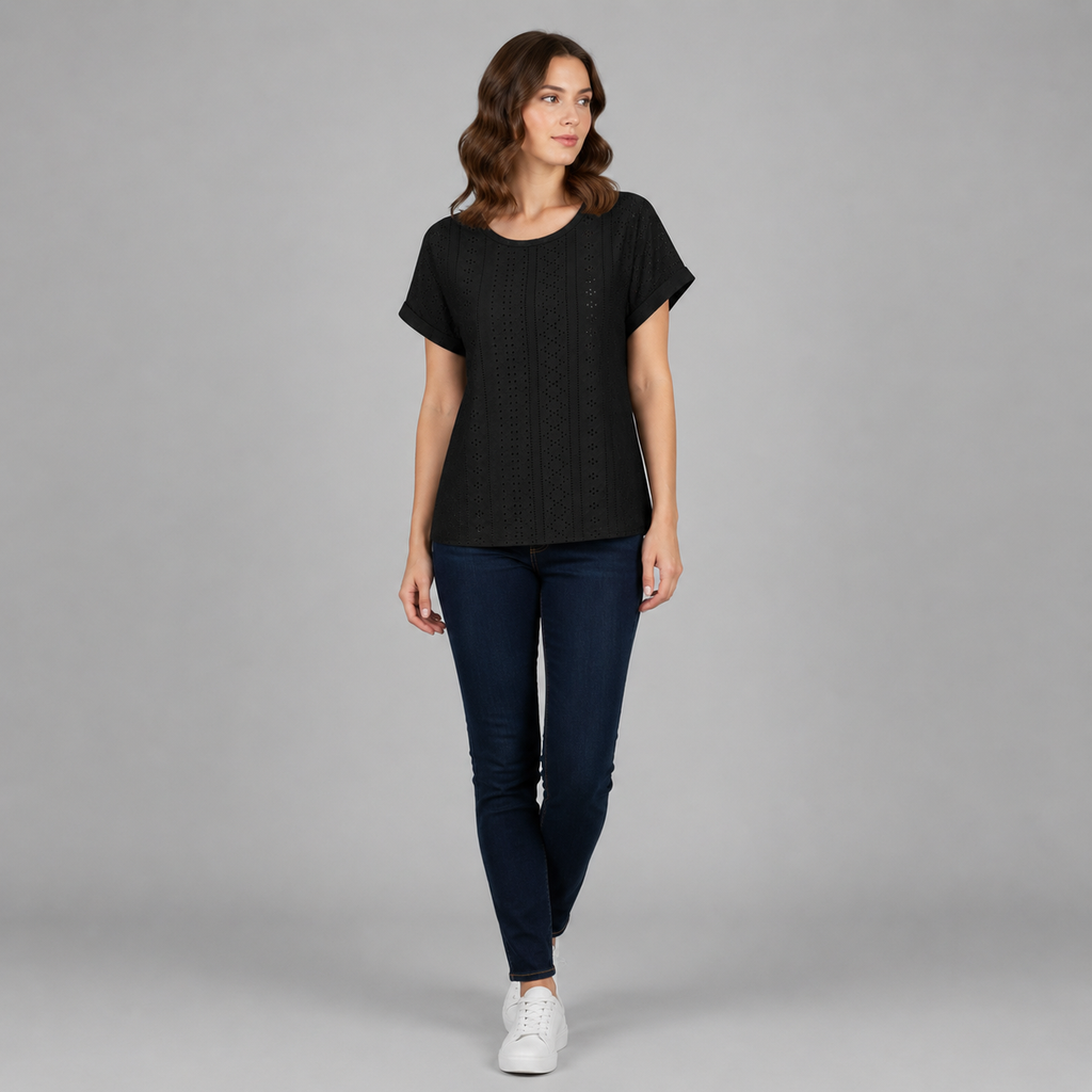 Bella Freizeitshirt | Lochstickerei Baumwoll-Top mit Ärmeln