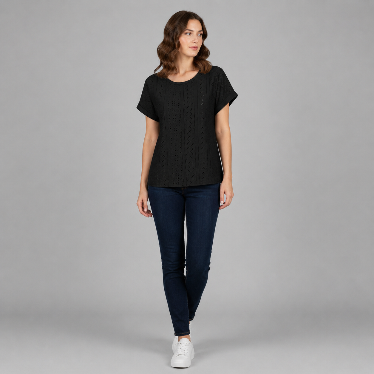 Bella Freizeitshirt | Lochstickerei Baumwoll-Top mit Ärmeln