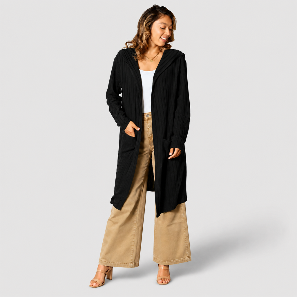 Damen Strickjacke mit Kapuze | Lang & Gemütlich Geschnitten