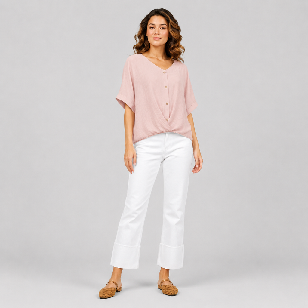 Damen Twist-Bluse mit V-Ausschnitt | Strukturierter Leinen-Look