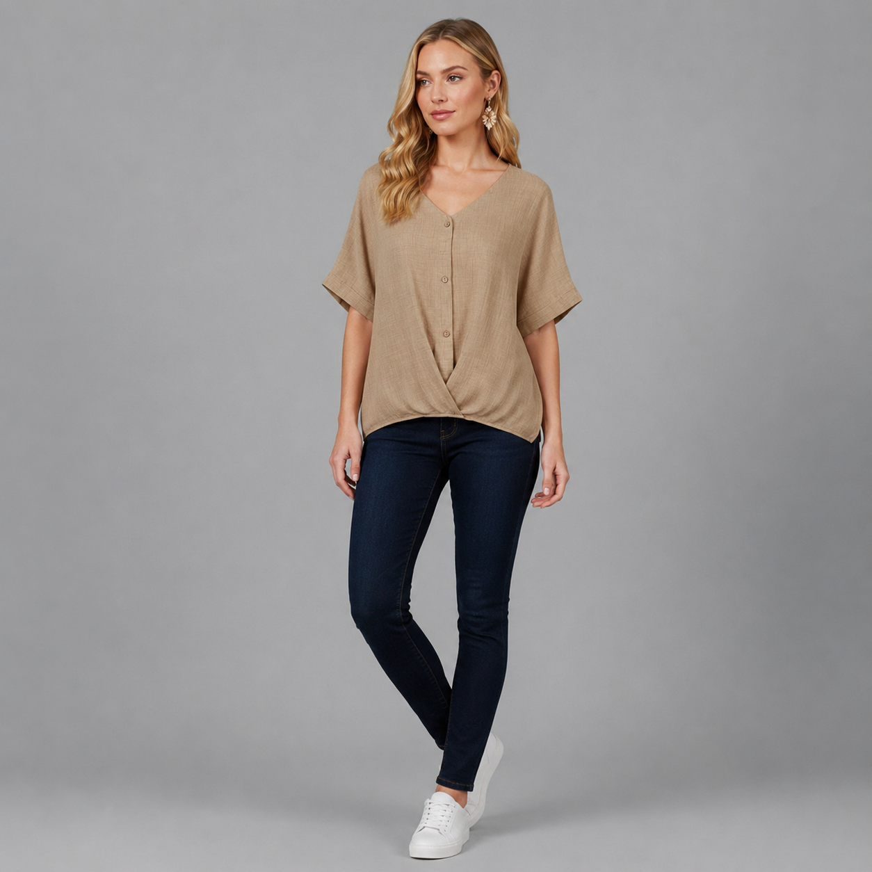 Damen Twist-Bluse mit V-Ausschnitt | Strukturierter Leinen-Look