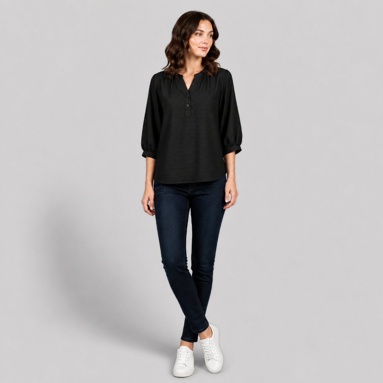 Damen Strukturierte Bluse | V-Ausschnitt & 3/4 Ballonärmel