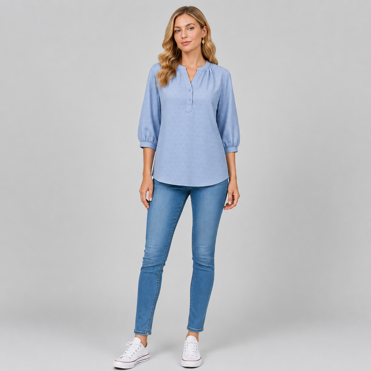 Damen Strukturierte Bluse | V-Ausschnitt & 3/4 Ballonärmel