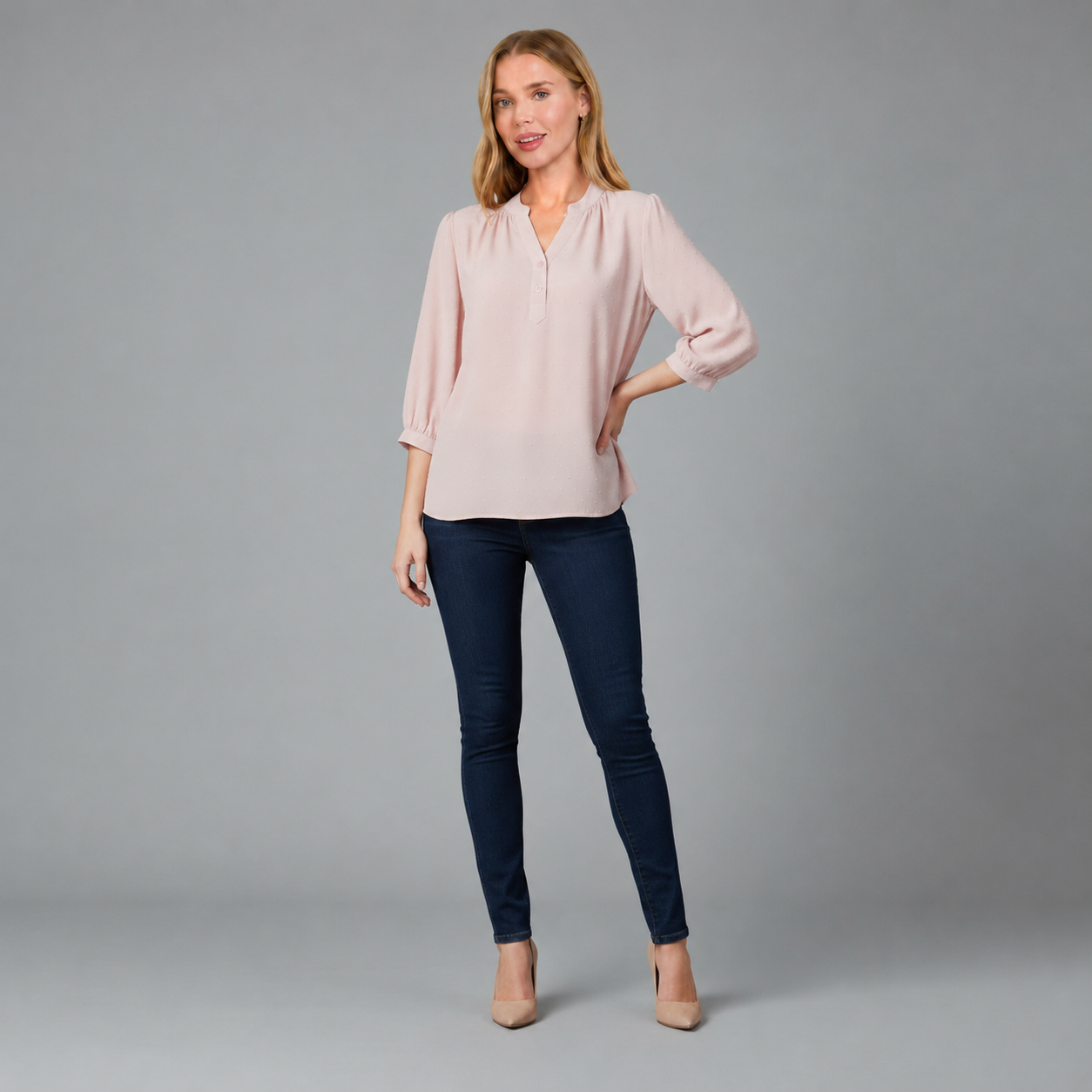 Damen Strukturierte Bluse | V-Ausschnitt & 3/4 Ballonärmel