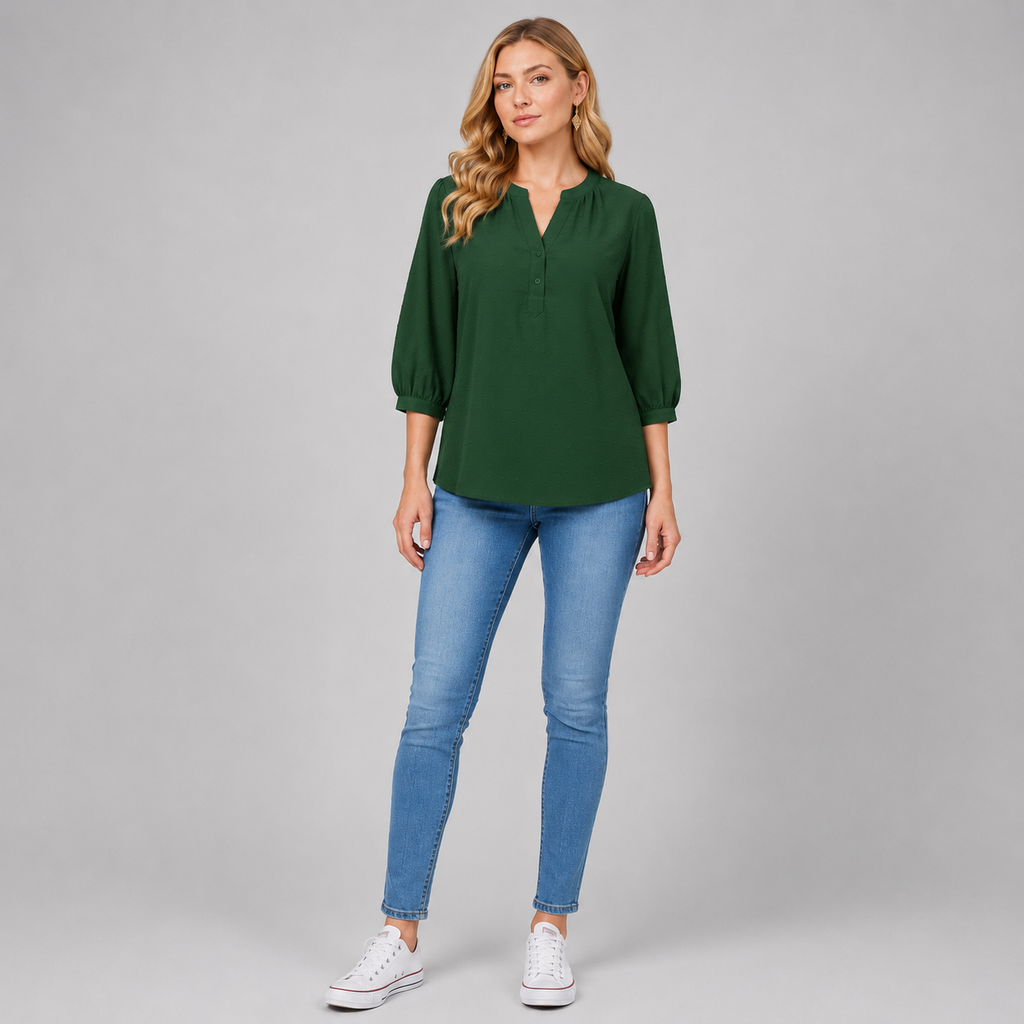 Damen Strukturierte Bluse | V-Ausschnitt & 3/4 Ballonärmel