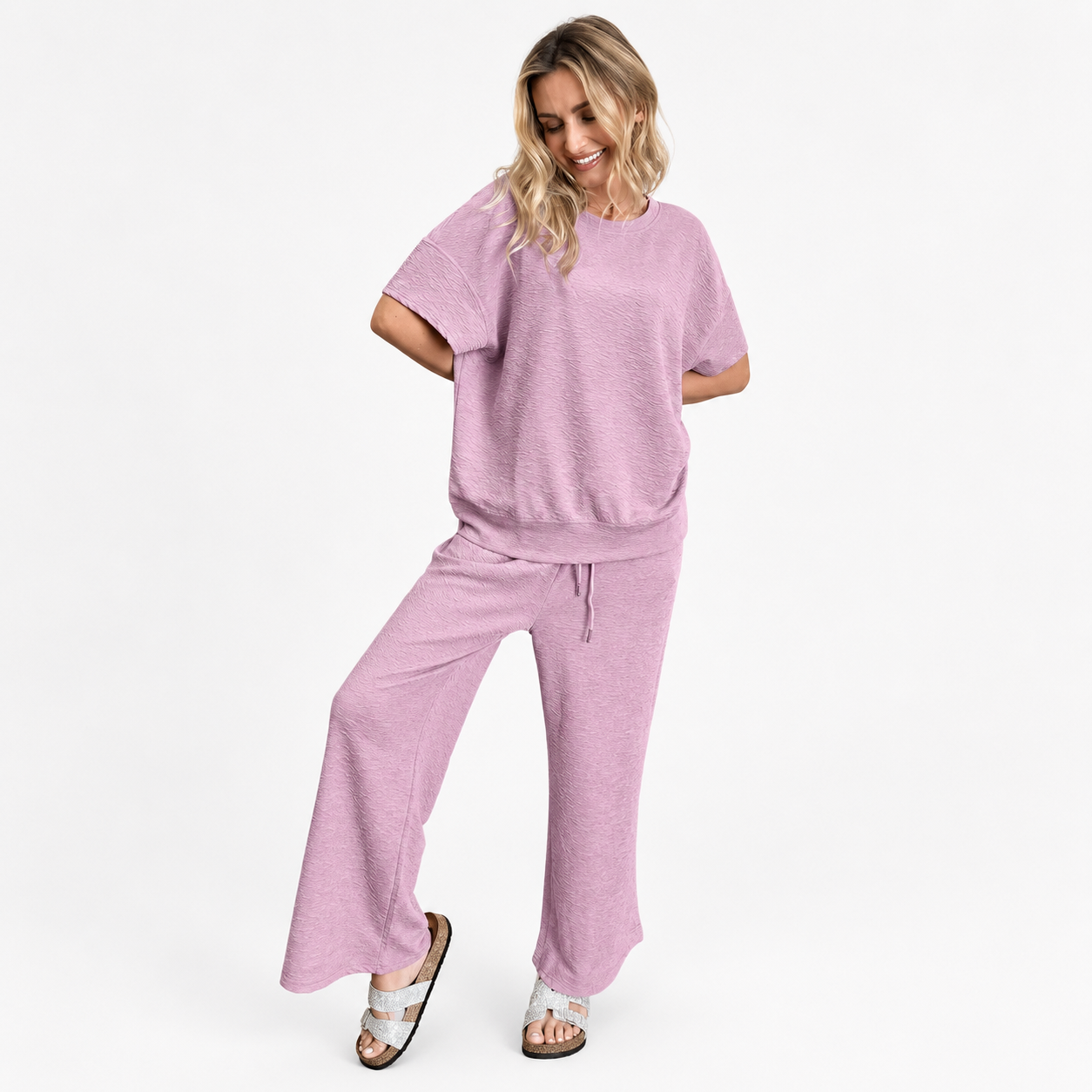 Damen Strukturiertes Zweiteiler-Set | Top & Weite Hose