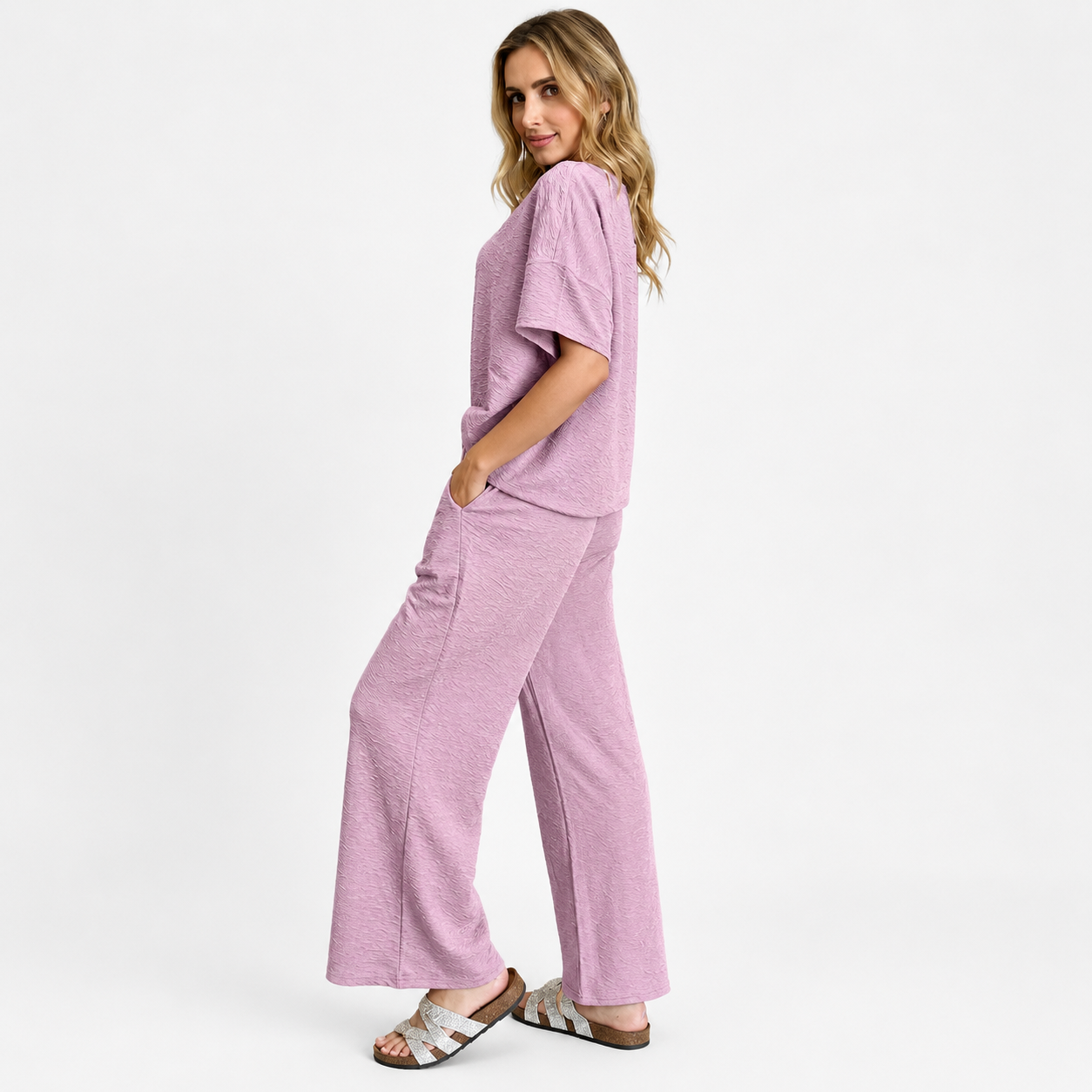 Damen Strukturiertes Zweiteiler-Set | Top & Weite Hose